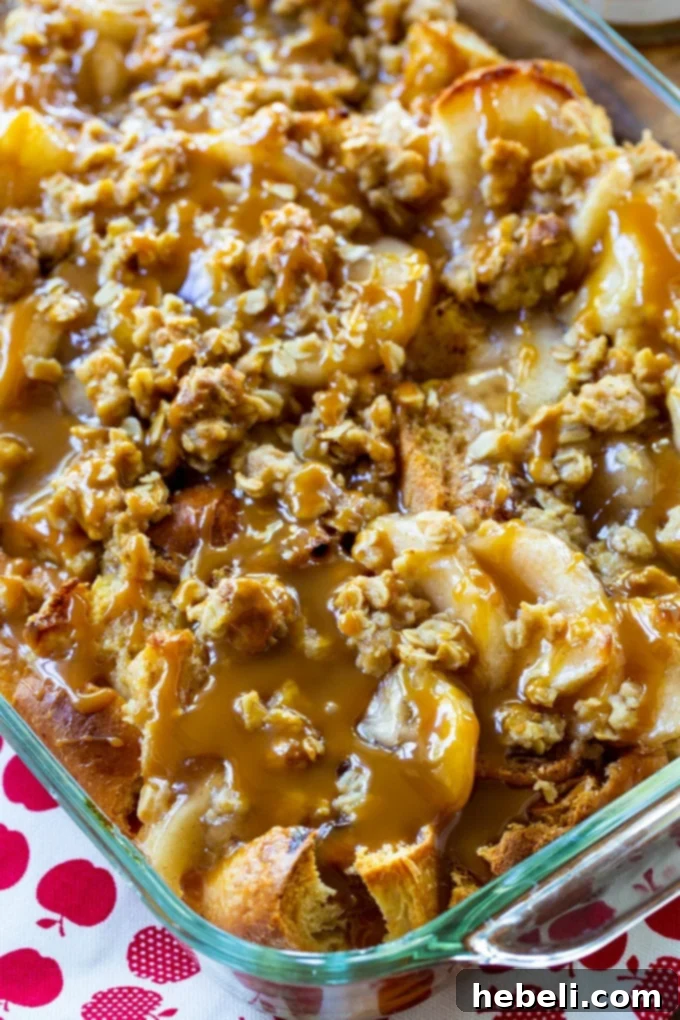 Baked Apple Pie French Toast 3 Easy Apple Pie French Toast Casserole with a luscious caramel drizzle, ready to serve.