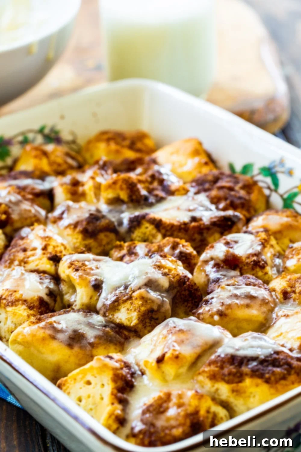 Quick Cinnamon Roll Poppers 4 Easy Cinnamon Roll Bites perfectly baked in a rectangular baking dish