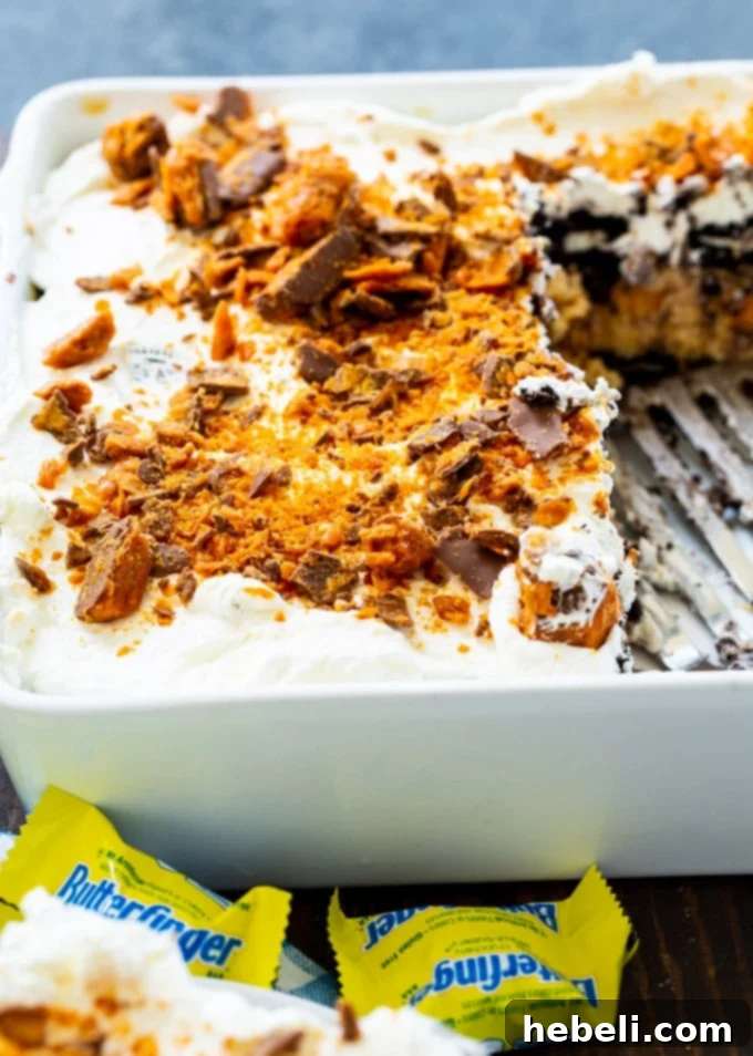 Ultimate No-Bake Butterfinger Oreo Delight 5 An overhead shot of the complete No Bake Butterfinger Oreo Icebox Cake, ready to be sliced and served.