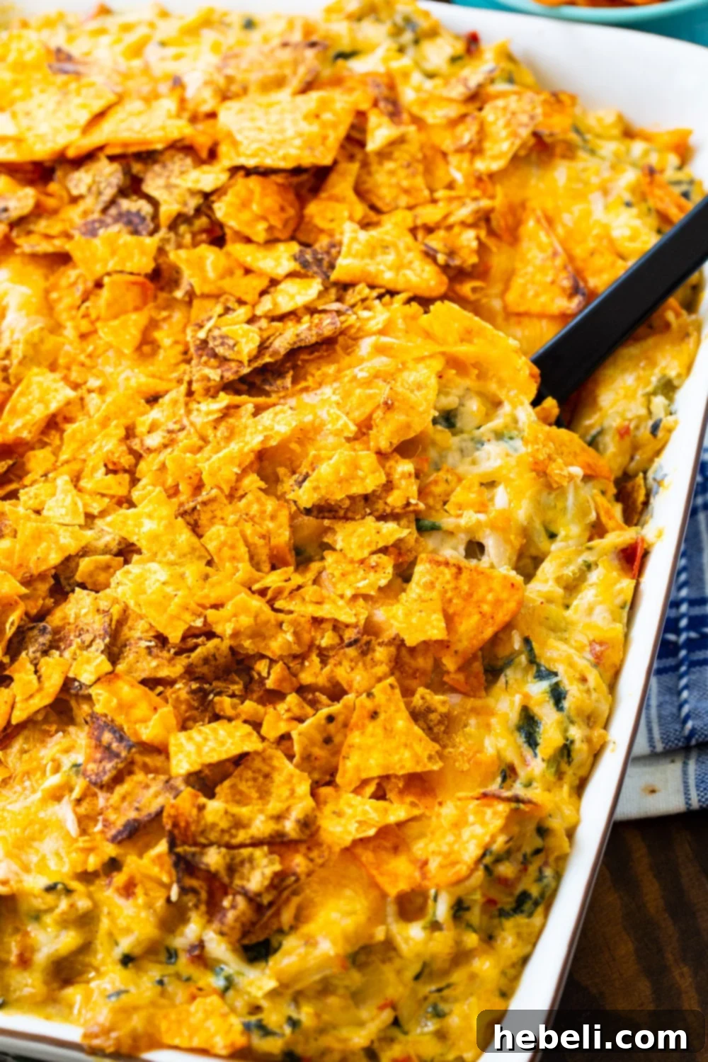 Southwestern Turkey Casserole with golden crushed Doritos on top.