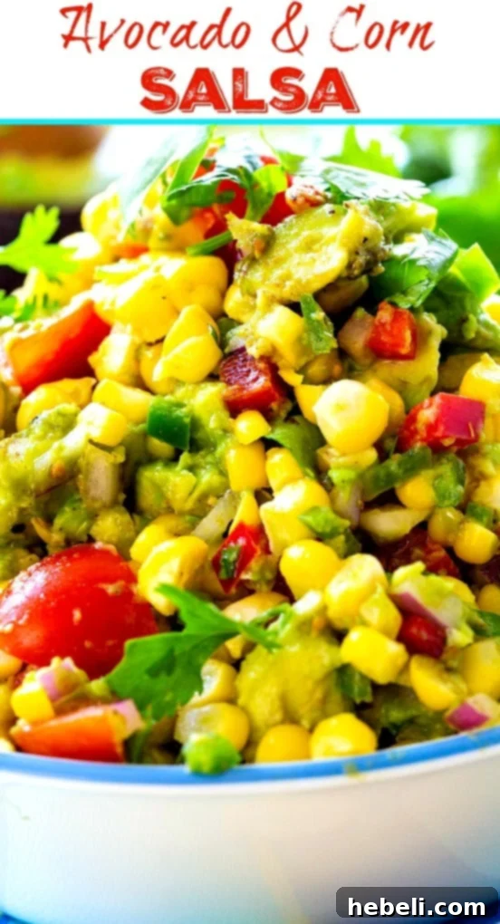 A close-up shot of Avocado and Corn Salsa, emphasizing its fresh ingredients and vibrant colors.
