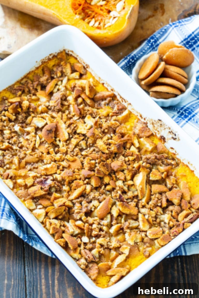 Close-up of Butternut Squash Casserole, highlighting its creamy texture and golden-brown vanilla wafer crumb topping.