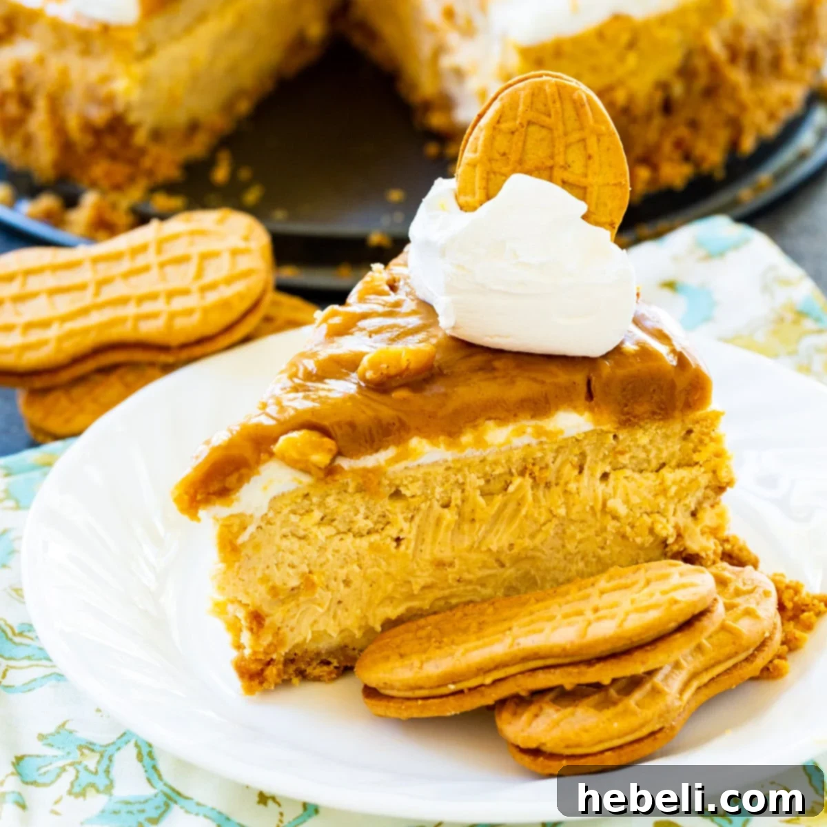 Decadent Peanut Butter Cheesecake 2 Slice of creamy Peanut Butter Cheesecake on a white plate, garnished with Nutter Butter cookies and peanuts, showcasing its rich texture and decadent glaze.