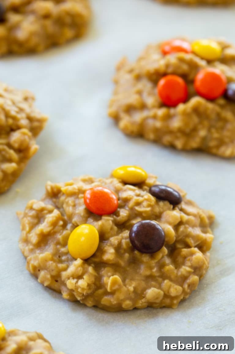 Peanut Butter Oat Energy Bites 4 A close-up of a stack of No-Bake Peanut Butter Oatmeal Cookies, generously topped with Reese's Pieces.
