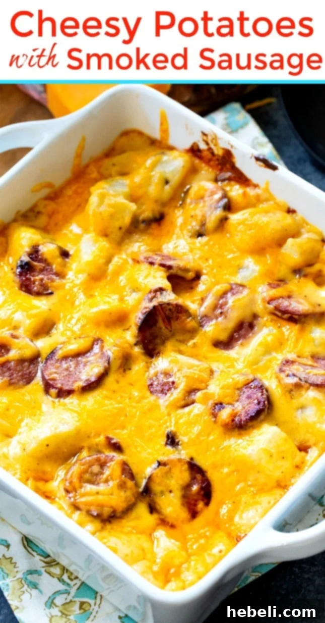 A final close-up of the Cheesy Potatoes with Smoked Sausage, showing a golden crust and creamy interior.