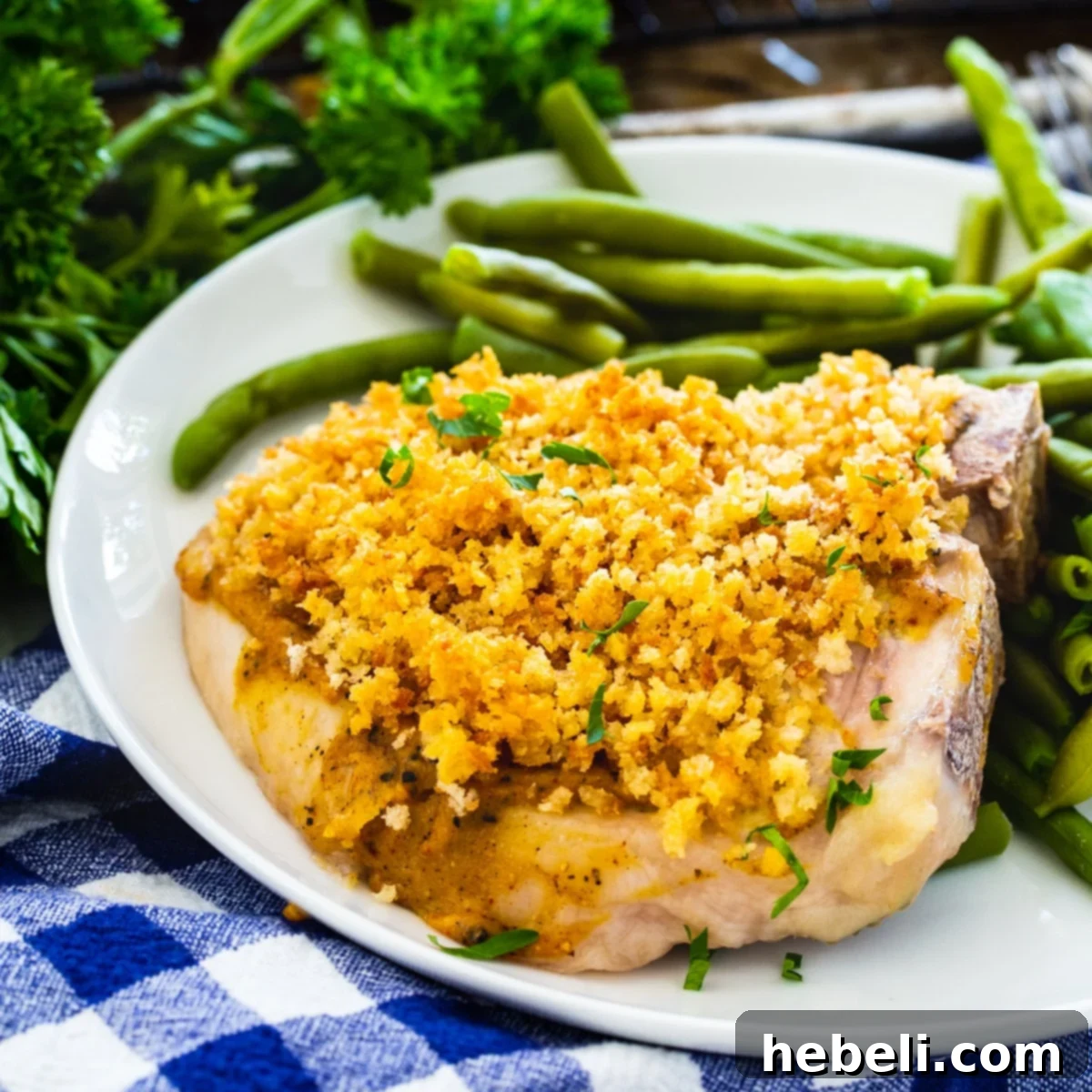 Spicy Pan-Seared Pork Chops 2 Perfectly baked Deviled Pork Chops served on a plate with vibrant green beans, highlighting their golden Panko crust.