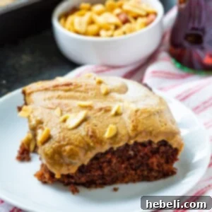 A prepared slice of Coca-Cola Cake with Broiled Peanut Frosting, showcasing the beautiful contrast between the rich cake and the toasted frosting.