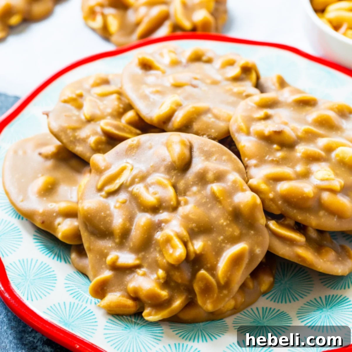 Delicious homemade Peanut Pralines on parchment paper, ready to set.