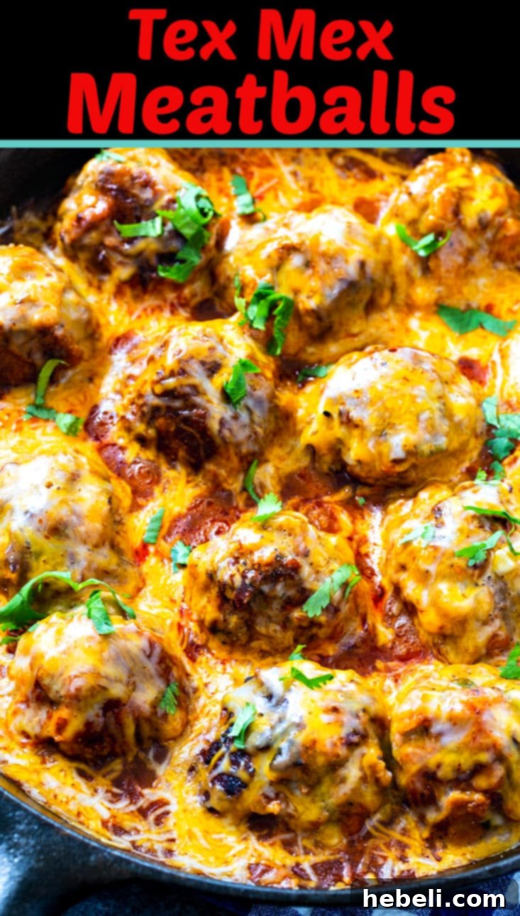 A serving of Tex-Mex Meatballs in a bowl, showcasing the rich sauce and melted cheese, garnished with fresh cilantro.