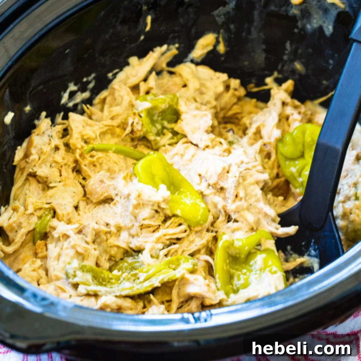 Crock Pot Creamy Mississippi Chicken in a black slow cooker, ready to be served.