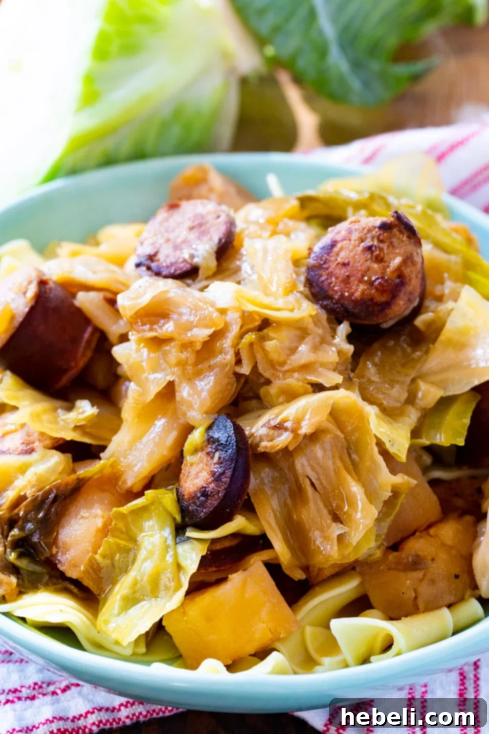 Hearty Slow Cooker Cabbage and Kielbasa 4 Cabbage and Kielbasa served over egg noodles in a rustic bowl.