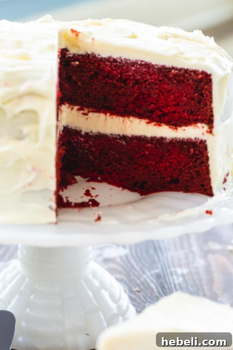 Close-up of a beautifully decorated Red Velvet Cake, highlighting its vibrant red layers and the thick, creamy swirls of cream cheese frosting.