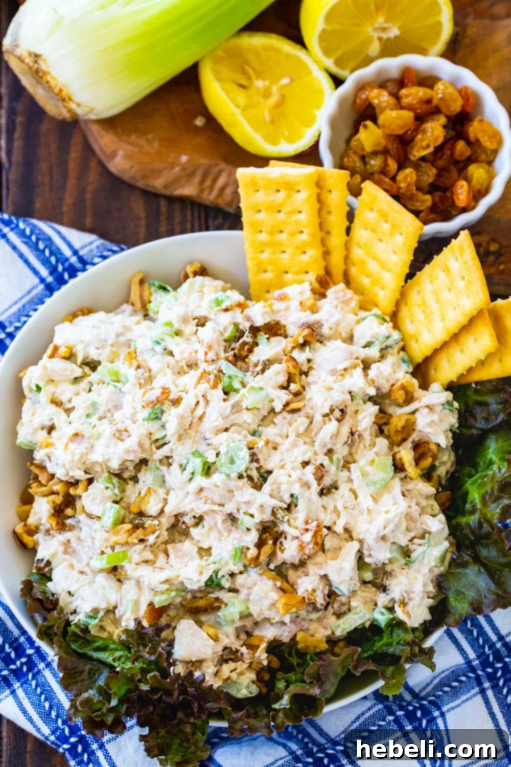 Overhead view of Golden Chicken Salad in a bowl, with a small bowl of plump golden raisins beside it, emphasizing the salad's key ingredients and inviting presentation.