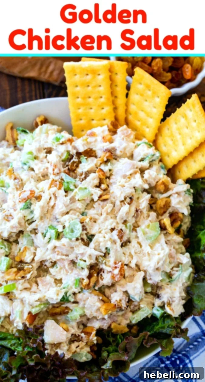Golden Chicken Salad beautifully plated, showcasing the vibrant colors and appealing textures of the golden raisins and toasted walnuts.