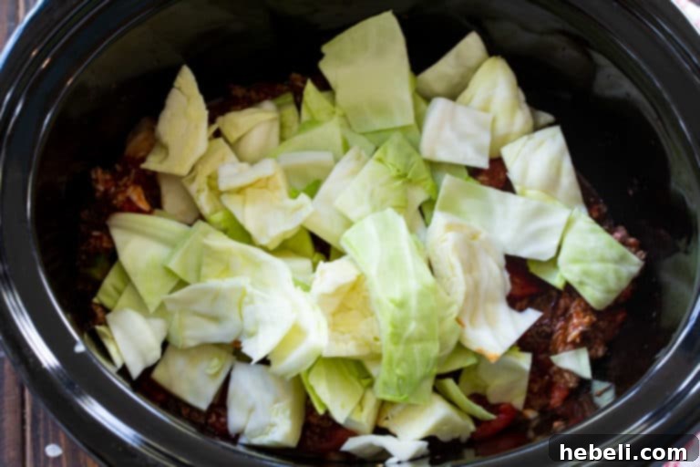 Close-up of Crock Pot Cabbage Roll Casserole with melted cheese.