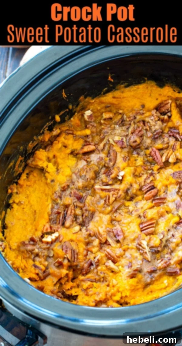 Set It and Forget It Sweet Potato Casserole 6 Close-up of a serving spoon scooping out Crock Pot Sweet Potato Casserole, showcasing its creamy interior and crunchy topping.