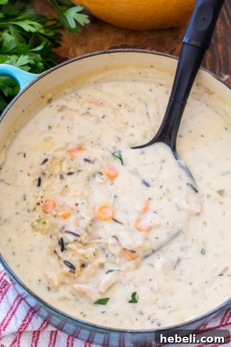 Close-up of Creamy Leftover Turkey Wild Rice Soup, perfect for post-Thanksgiving meals