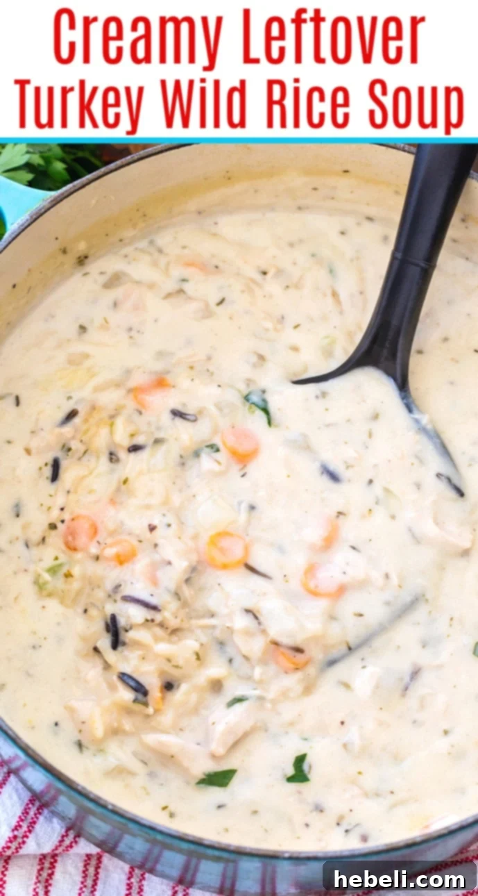 A final close-up of a steaming bowl of Creamy Leftover Turkey Wild Rice Soup