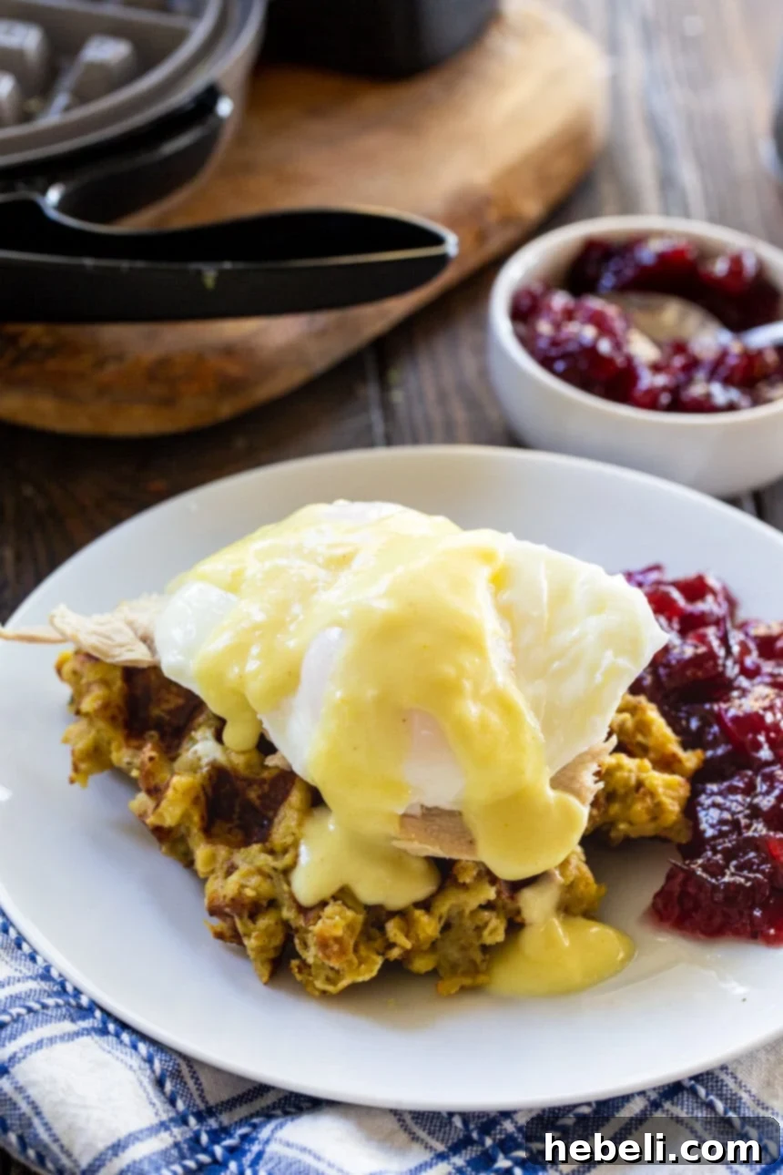 Thanksgiving Eggs Benedict with crispy stuffing waffles and tender roasted turkey slices.
