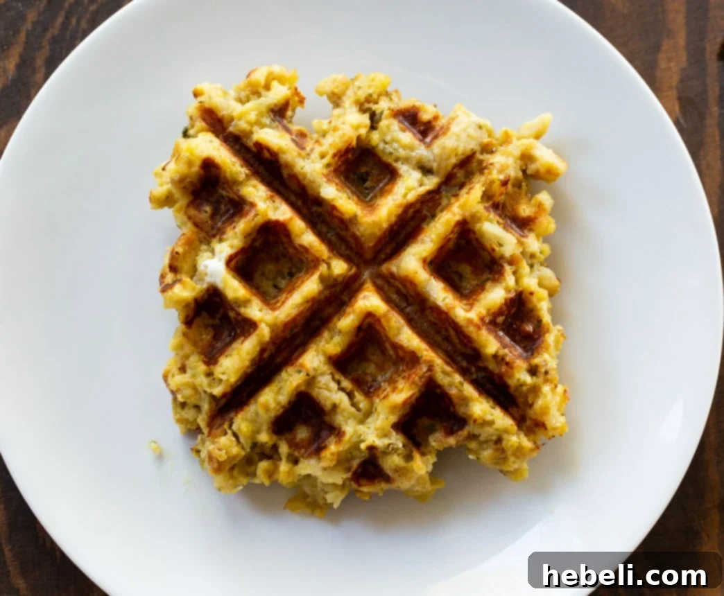 Crispy stuffing waffle fresh out of the waffle maker, ready to be topped.