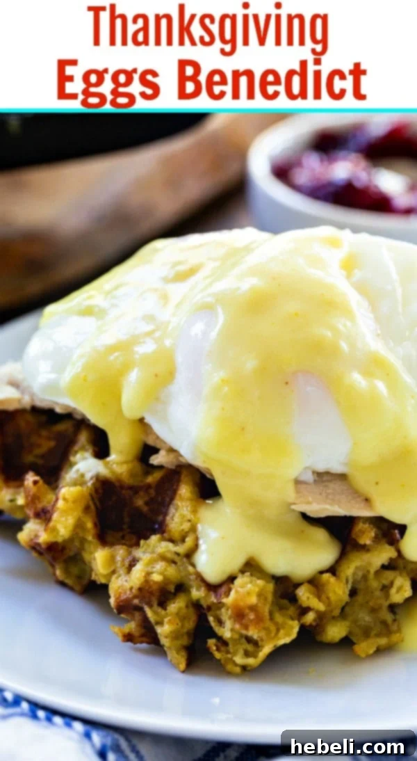 Thanksgiving Eggs Benedict with crispy stuffing waffles, garnished for a festive presentation.