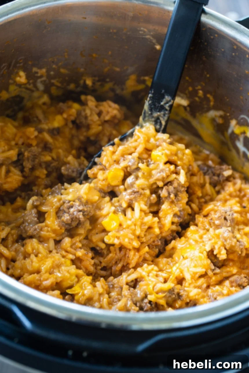 Close-up of creamy Instant Pot Cheesy Ground Beef and Rice.