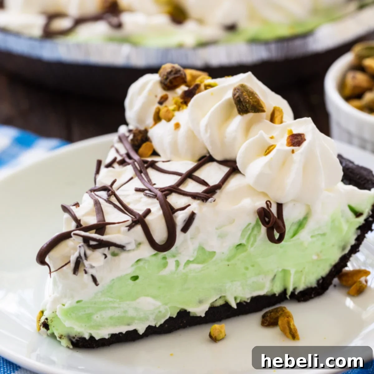 Velvety No-Bake Pistachio Pie 2 Slice of No-Bake Pistachio Pudding Pie on a plate, showcasing its creamy green layers, chocolate drizzle, and pistachio garnish.