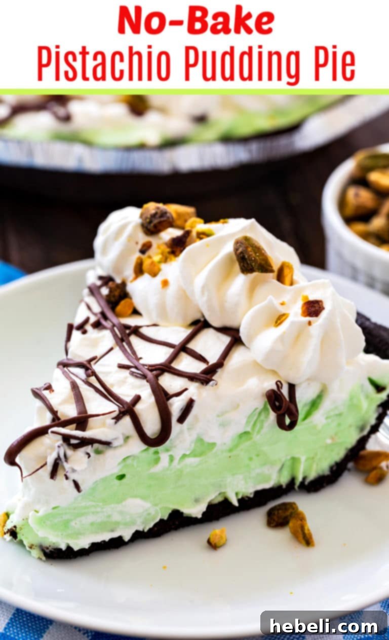 Velvety No-Bake Pistachio Pie 5 A full No-Bake Pistachio Pudding Pie with a perfectly set green filling in an Oreo crust, garnished with whipped cream, chocolate drizzle, and chopped pistachios, ready to be served.