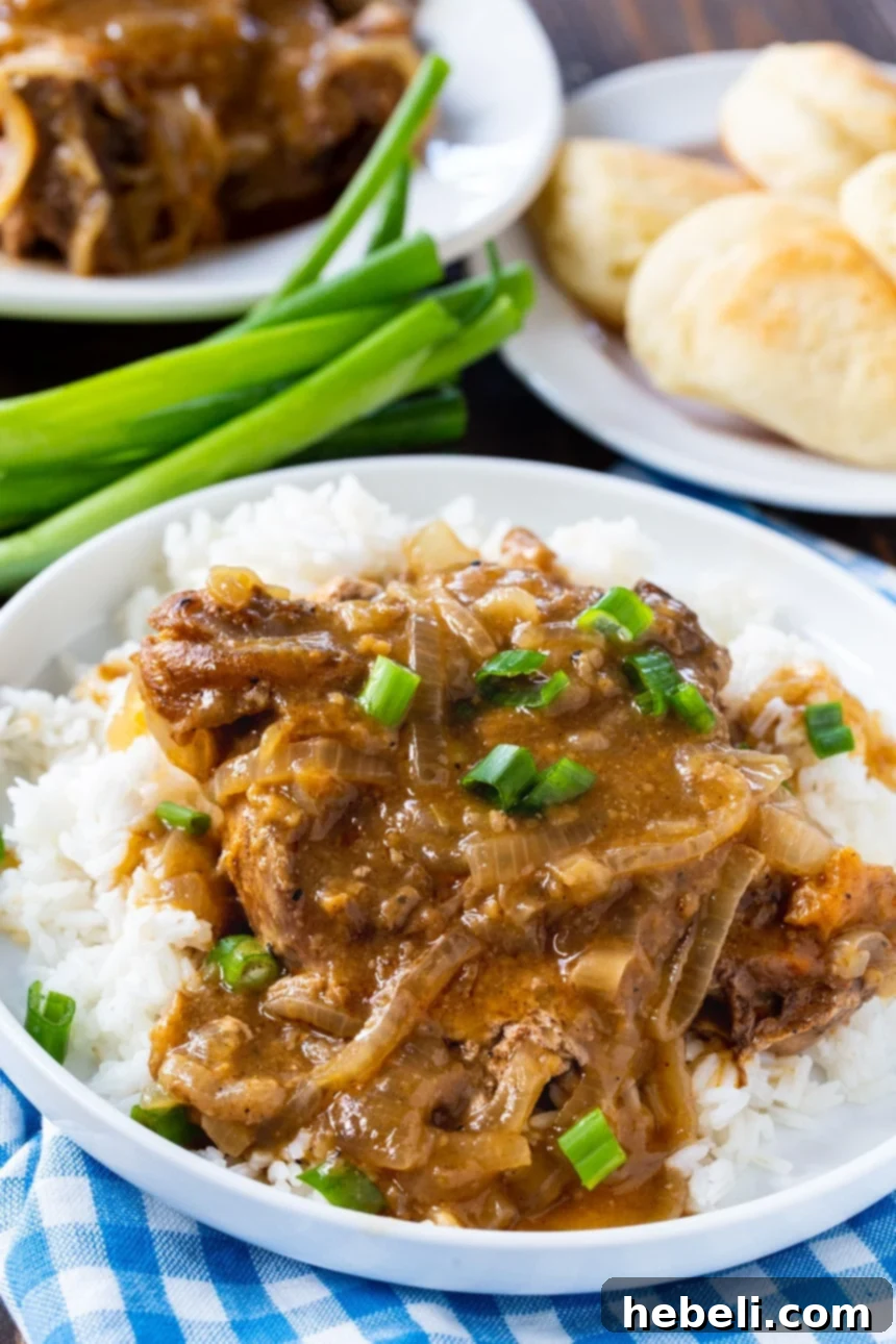Close-up of Smothered Pork Chops served with white rice, showing the tender meat and thick, onion-studded gravy.