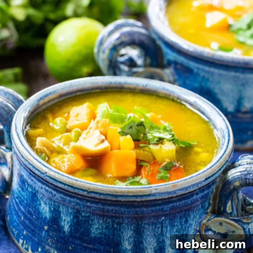 Chicken Chowder with Curry, showcasing a bowl of rich, creamy soup with visible vegetables and chicken
