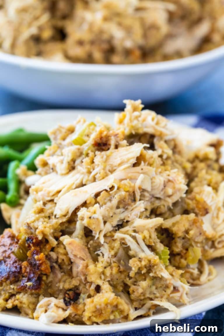 Slow Cooker Chicken and Stuffing Casserole 5 Close-up of shredded Crock Pot Chicken and Dressing Casserole, a delightful Southern dish