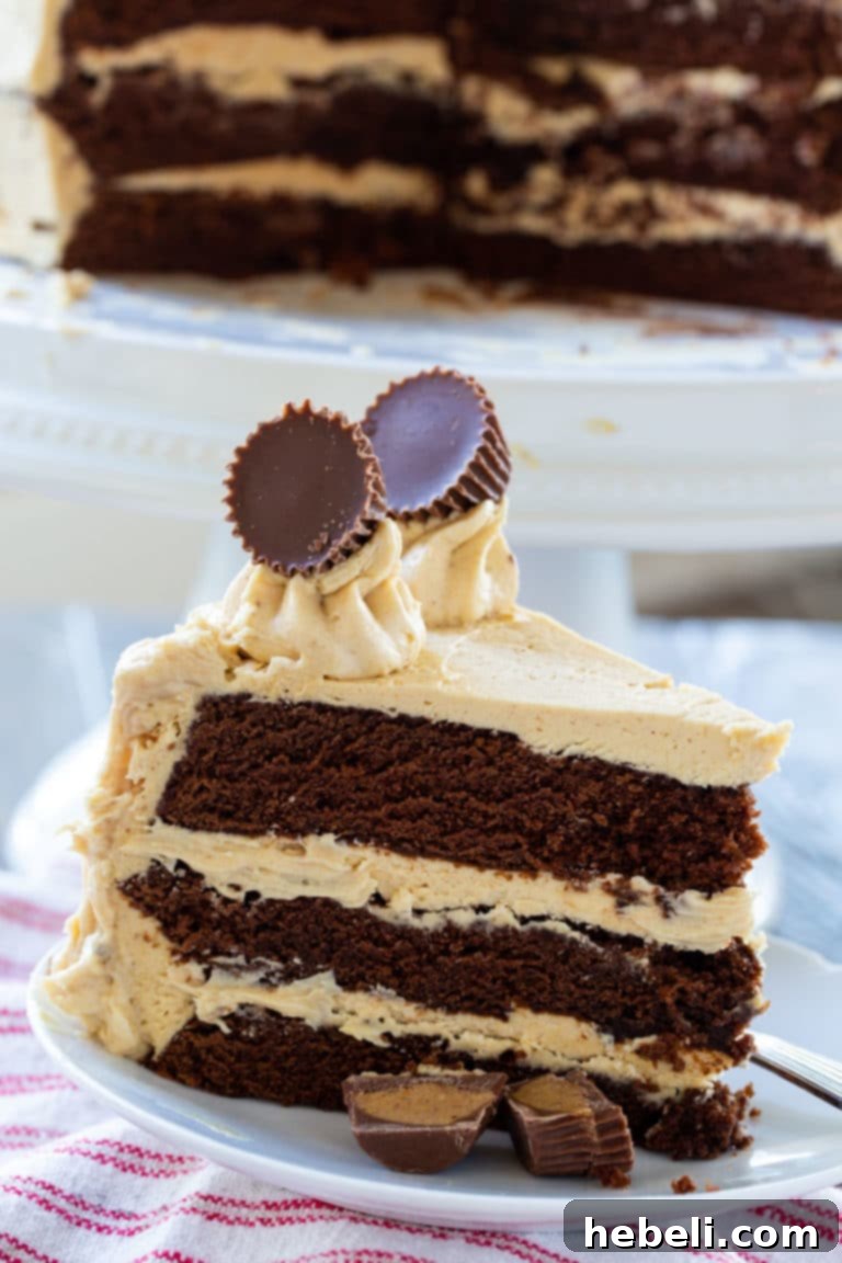 Decadent Peanut Butter Cup Cake 4 Three layered Peanut Butter Cup Cake with decadent chocolate cake layers and smooth peanut butter frosting, ready to be served.