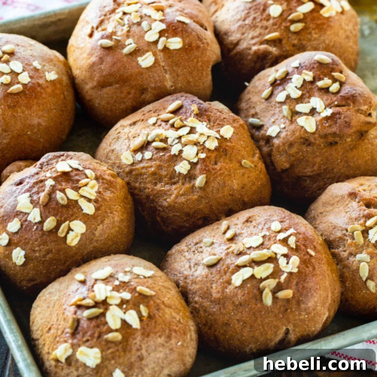 Golden brown Whole Wheat Molasses Rolls cooling on a baking sheet, sprinkled with oats and sunflower seeds.