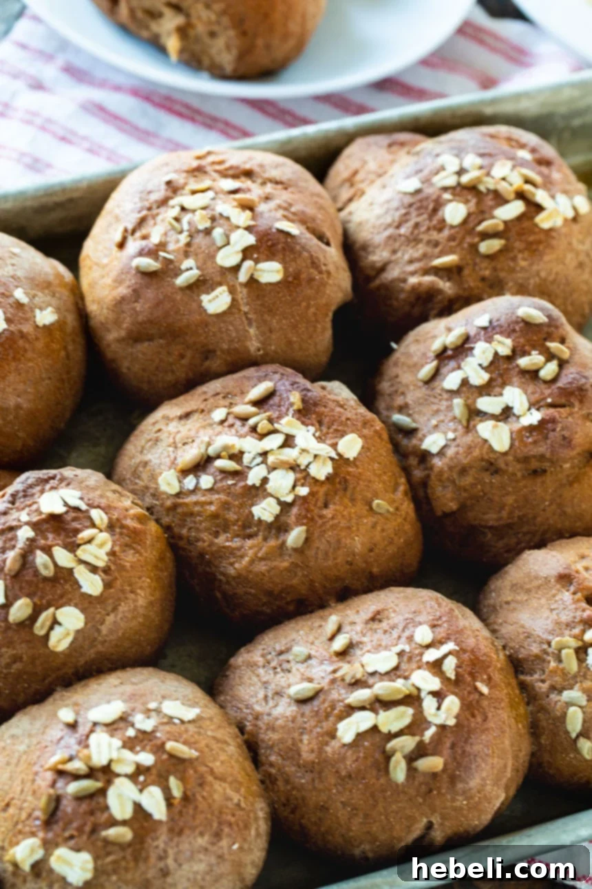 Closeup of freshly baked Whole Wheat Molasses Rolls, showing their golden crust and fluffy interior.