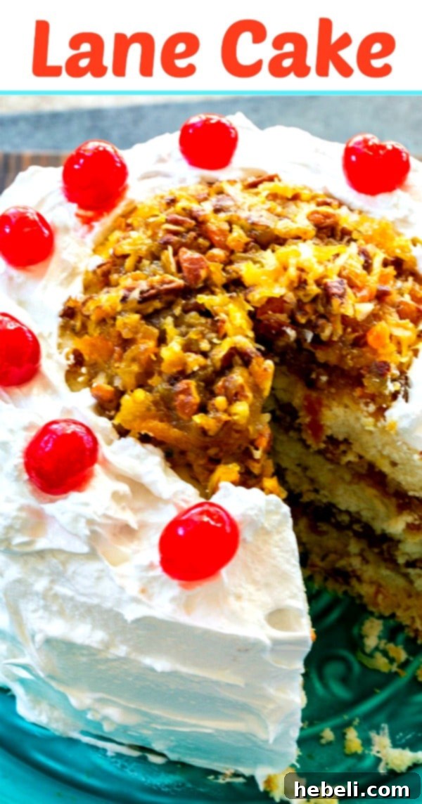 A stunning full view of a completed Lane Cake, elegantly presented and ready to be the star of any festive table.