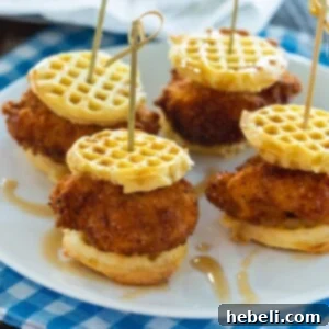 Chicken and Waffle Sliders, featuring crispy chicken between mini waffles.