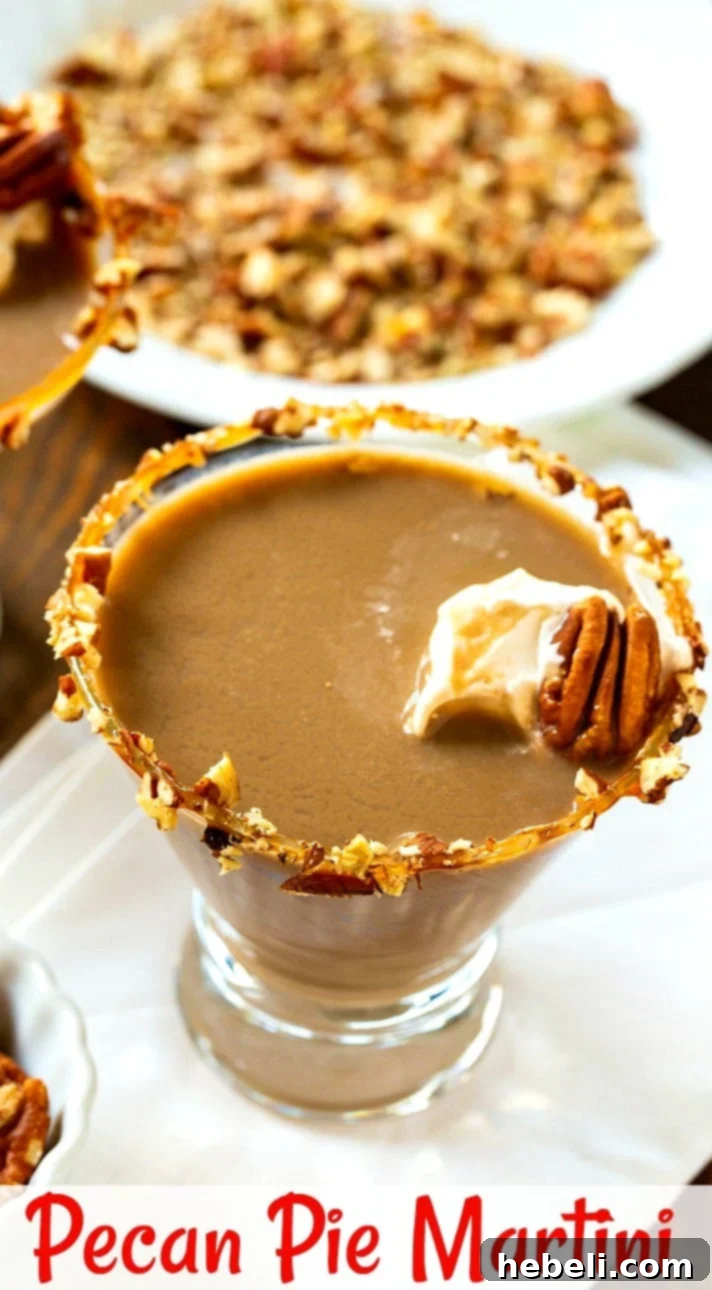 A top-down view of a Pecan Pie Martini, emphasizing its inviting color and the delightful pecan and caramel rim, encouraging readers to try the recipe.