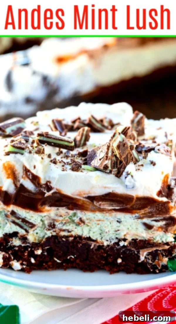 A beautifully presented whole Andes Mint Lush dessert in a baking dish, ready for a festive gathering, highlighting its four distinct layers.
