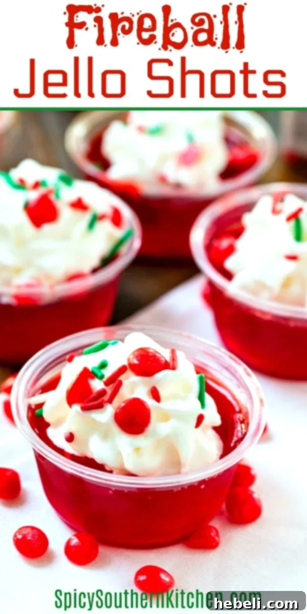 Fireball Jell-O Shots 7 A festive close-up of Fireball Jello Shots, garnished and ready for a holiday party.