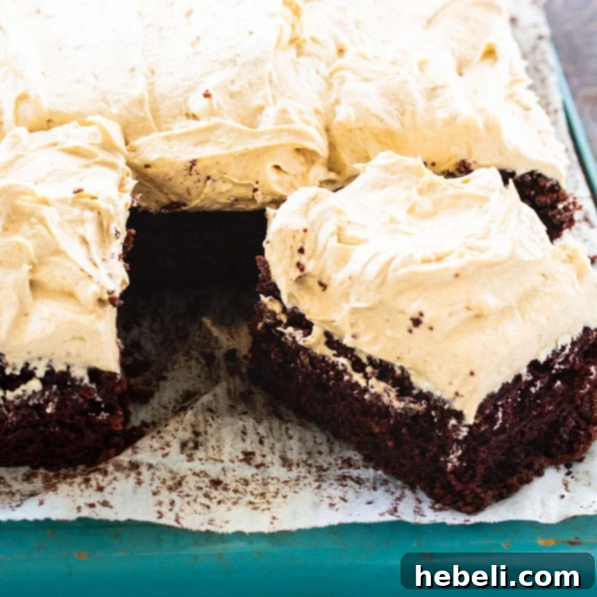 Ultimate Chocolate Peanut Butter Sheet Cake 2 A perfectly sliced piece of rich chocolate sheet cake with a thick layer of fluffy peanut butter frosting, ready to be enjoyed.