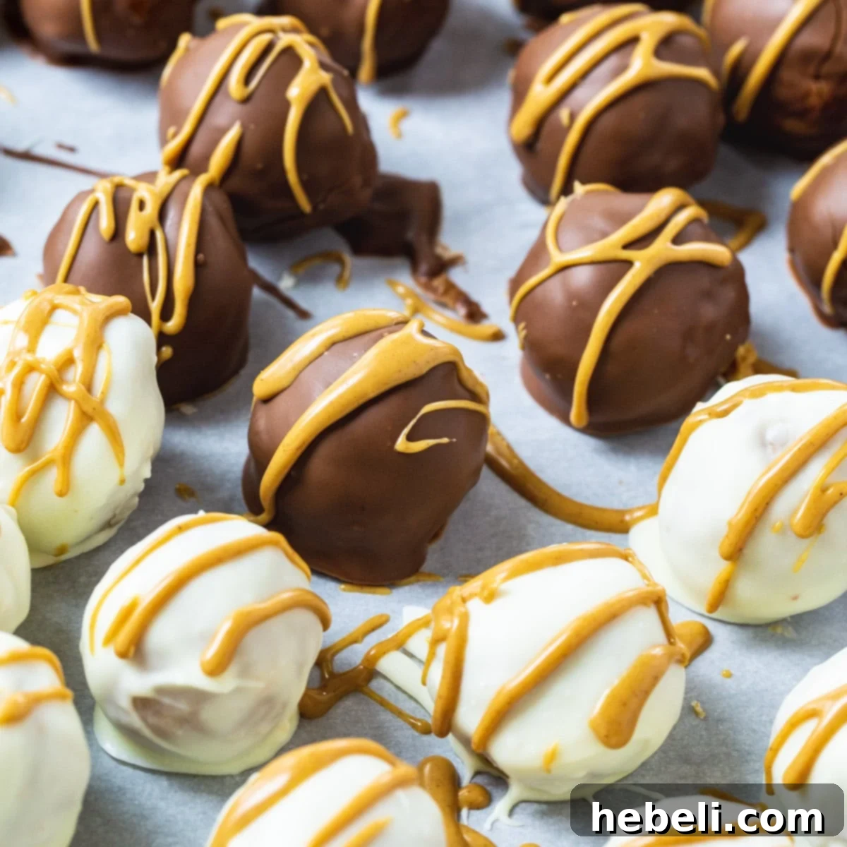 Nutterly Delicious Truffle Bites 2 Nutter Butter Truffles coated in white and milk chocolate, elegantly drizzled with peanut butter, ready to be enjoyed.