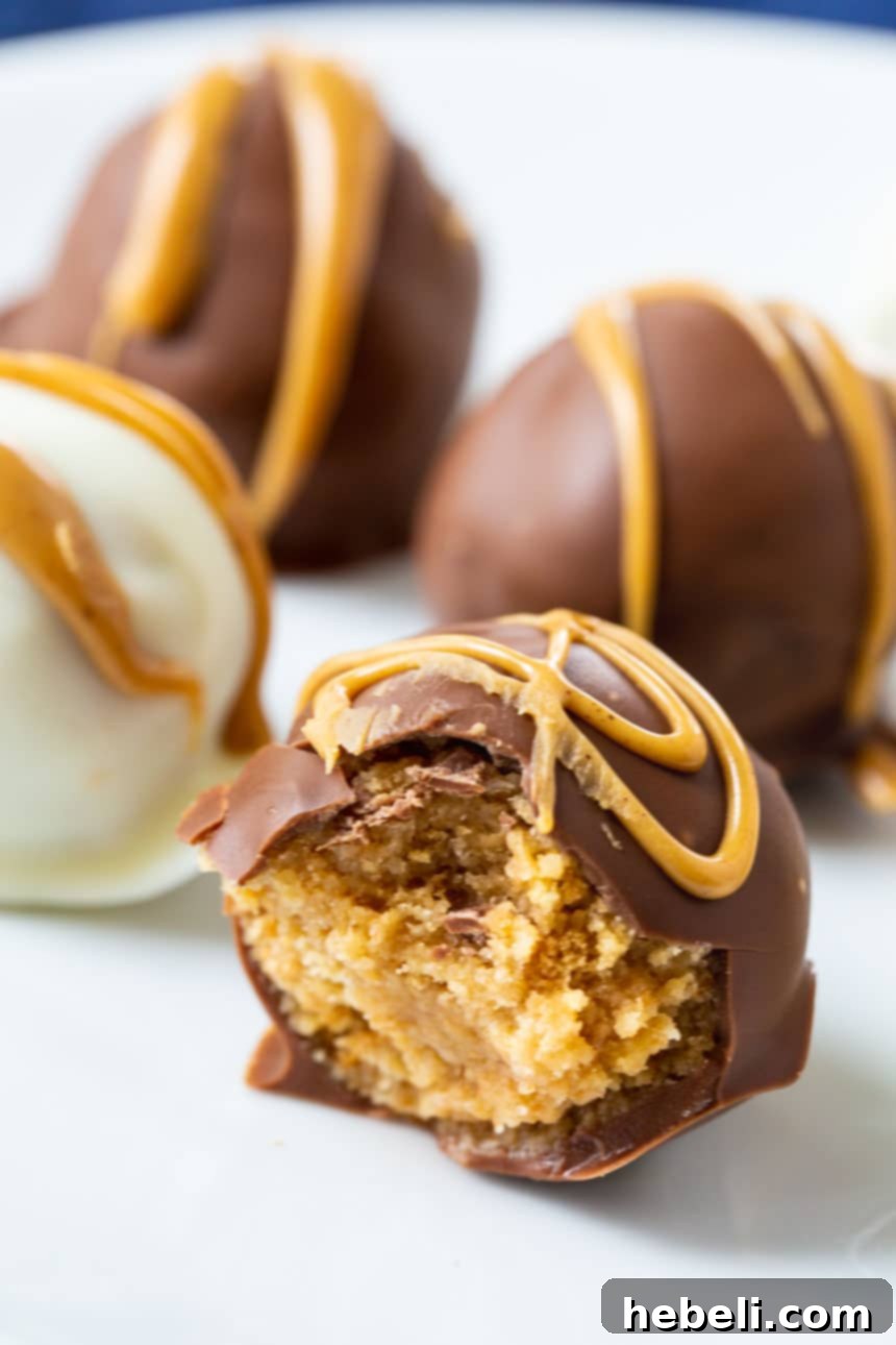 Nutterly Delicious Truffle Bites 4 Close-up of freshly made Nutter Butter Truffles, perfectly coated and drizzled, ready for serving.