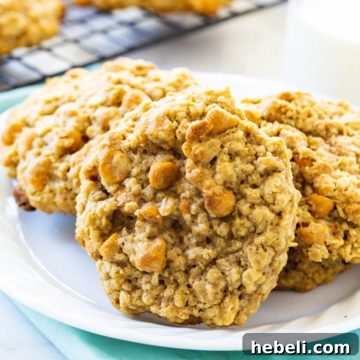 A plate piled high with golden-brown Oatmeal Butterscotch Cookies, ready to be enjoyed.