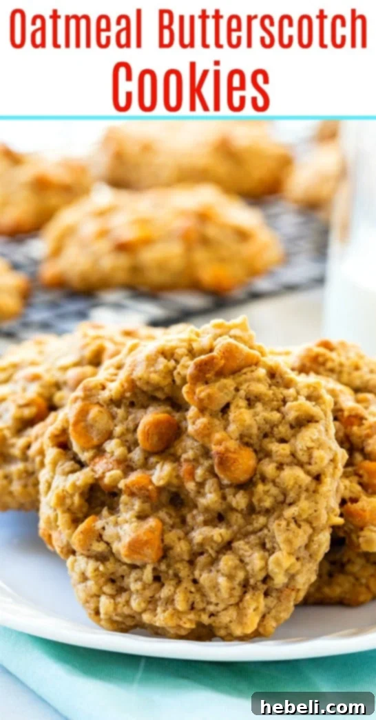 A stack of golden Oatmeal Butterscotch Cookies with a few butterscotch chips visible.