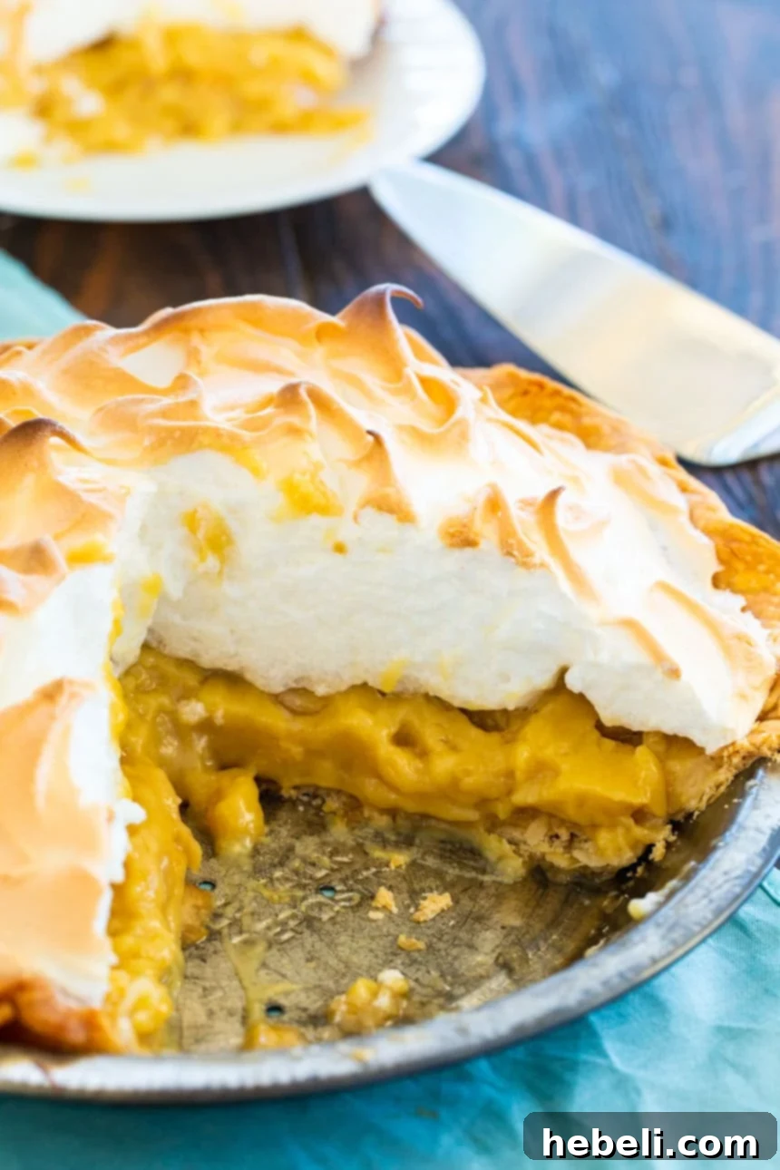 A stunning Butterscotch Meringue Pie, showcasing its rich, creamy homemade butterscotch pudding filling topped with a beautifully browned, swirled meringue.
