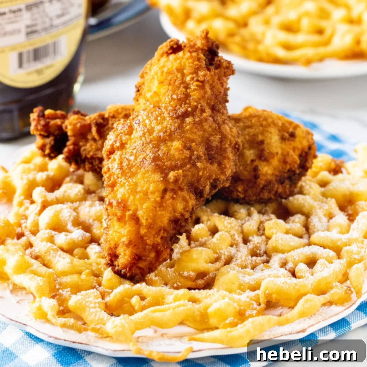 Two fried chicken tenders on top of a perfectly golden funnel cake, drizzled with maple syrup.