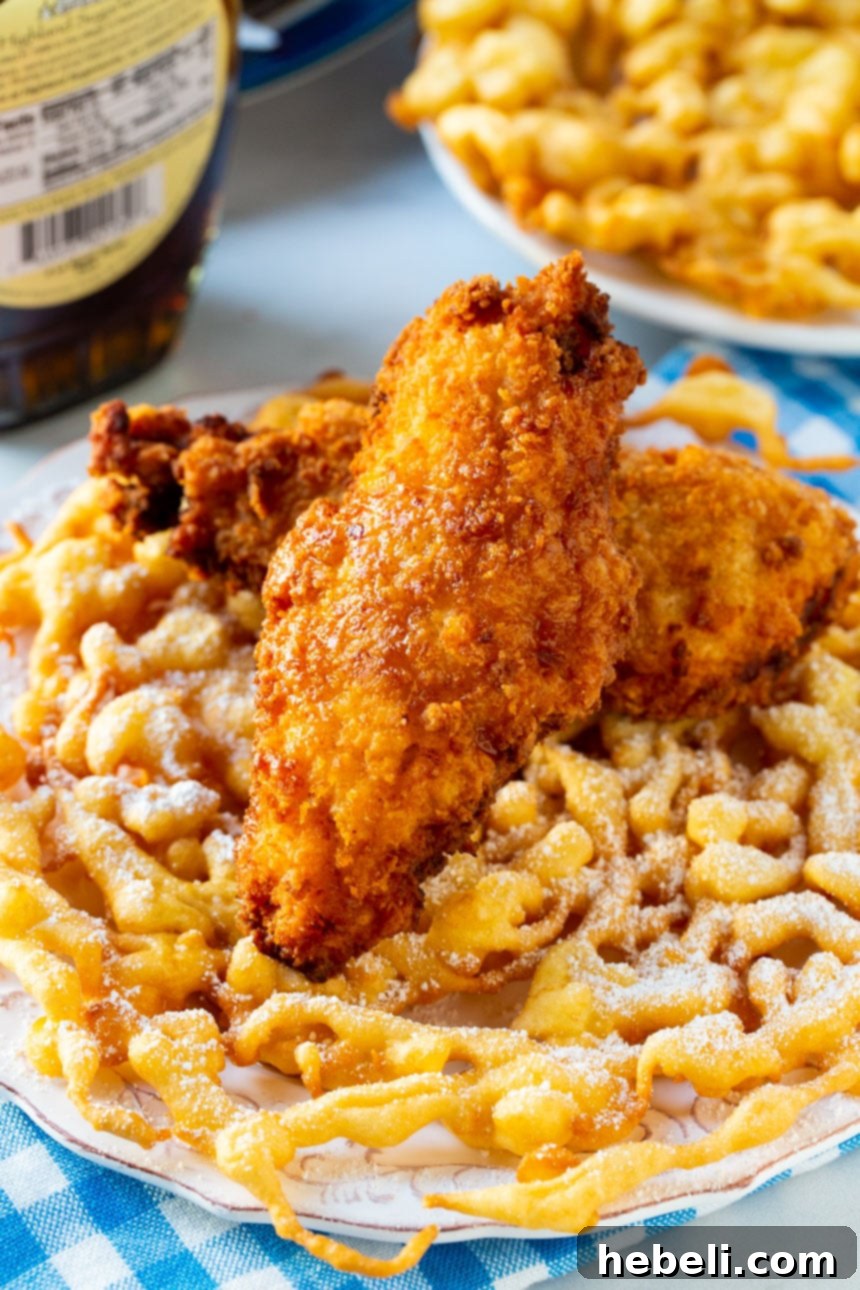 Golden fried chicken tenders resting on a bed of fresh funnel cake, ready for serving.