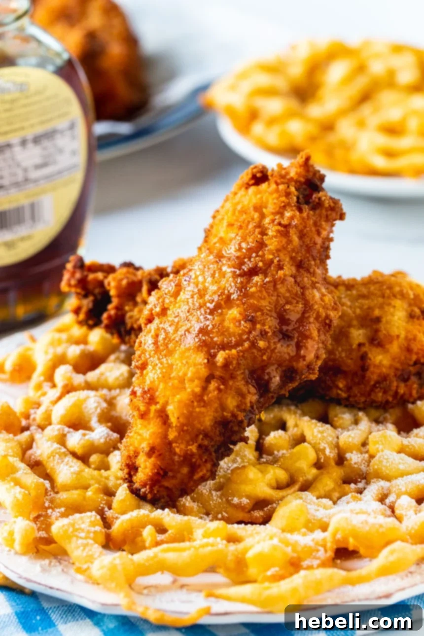 A close-up of a funnel cake with fried chicken tenders, showcasing the intricate dough work.