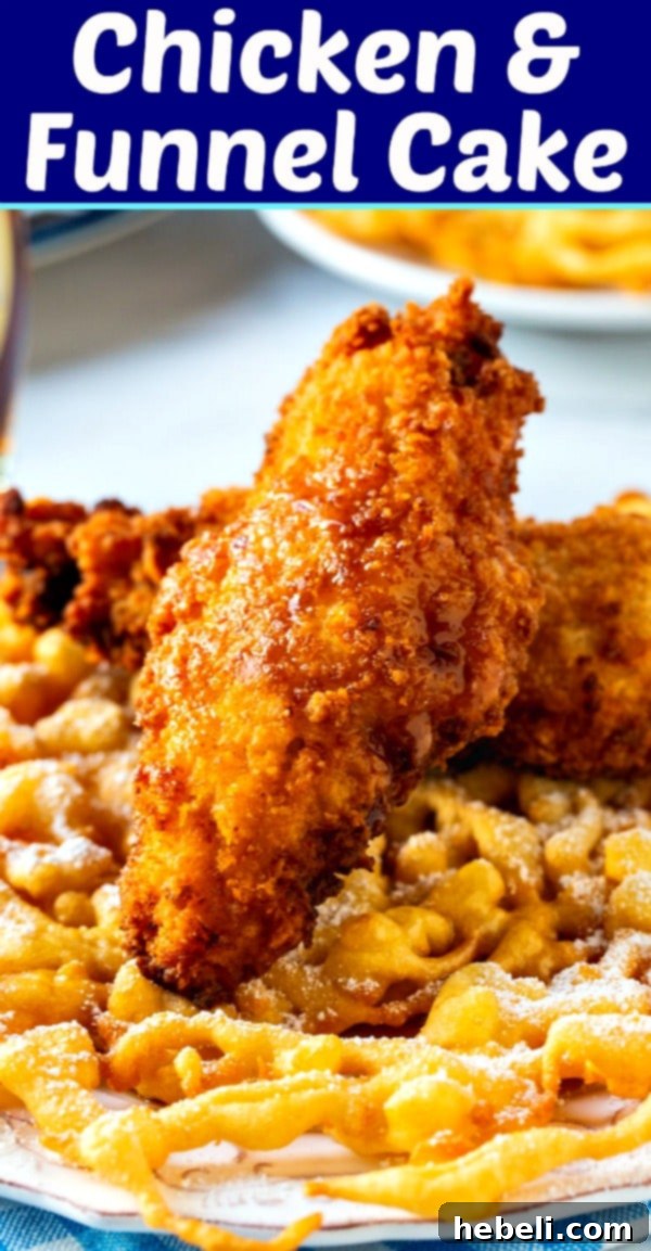A final beautifully plated dish of Fried Chicken and Funnel Cake, ready to be enjoyed.