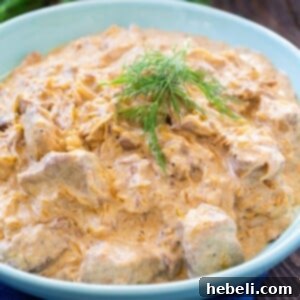 Pork Stew in a light blue bowl, garnished with fresh dill.